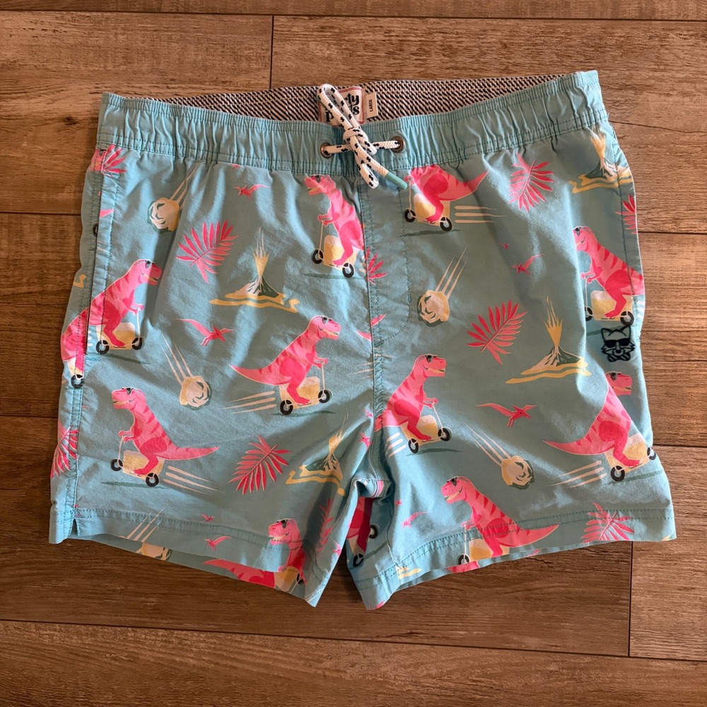 Party Pants Swim Trunks Mens Large Blue Pink Dinosaur Scooter Drawstring Pocket